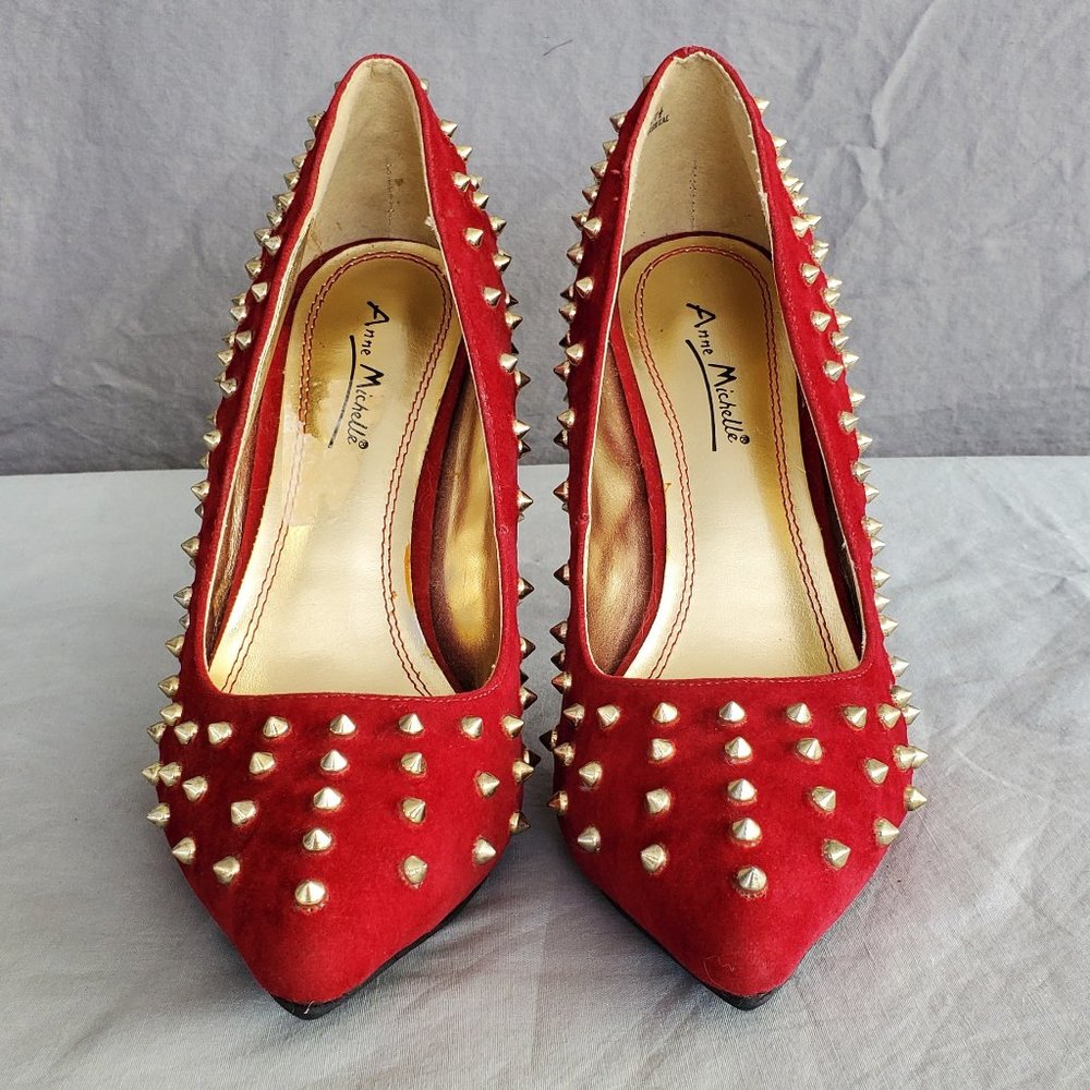 Anne Michelle Red Suede Heels with Gold Studs